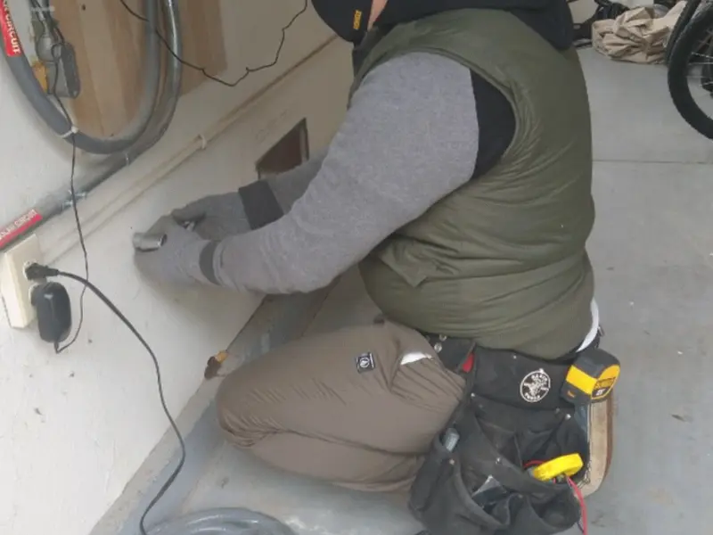 Electrician performing outlet wiring in a Midvale garage